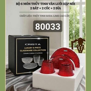BỘ 6 MÓN THỦY TINH VÂN LƯỚI DẬP NỔI CRISTA MÀU ĐỎ