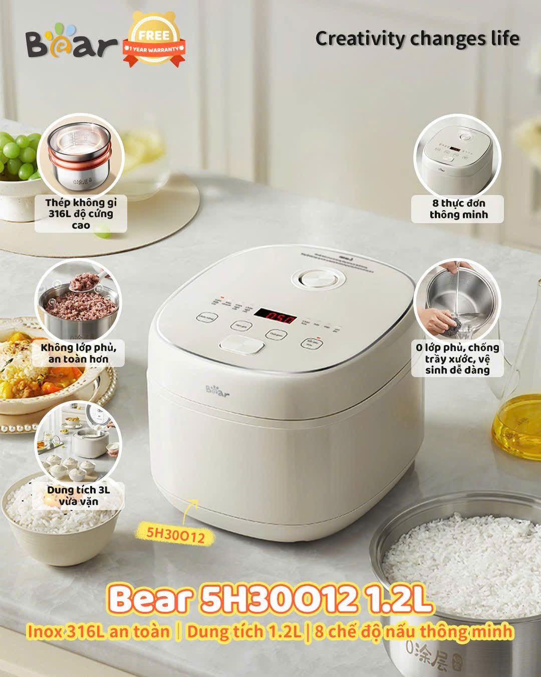 Nồi cơm điện từ lòng nồi inox 316 bear RC-5H30012,1.2Lít
