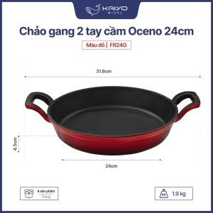 Chảo gang 2 tay cầm Oceno 24cm màu đỏ OFR-1341