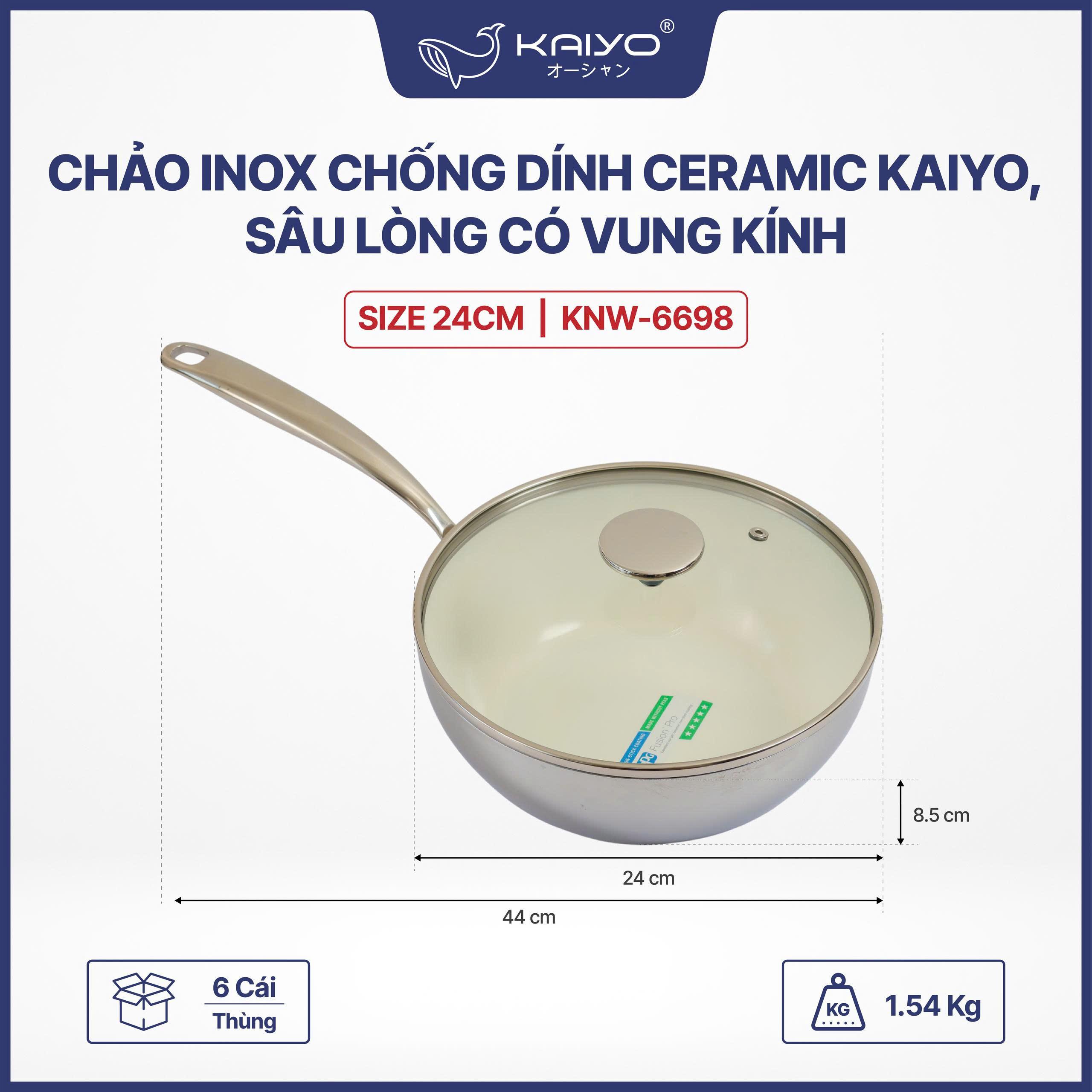 Chảo inox chống dính ceramic Kaiyo sâu lòng vung kính Size 24cm